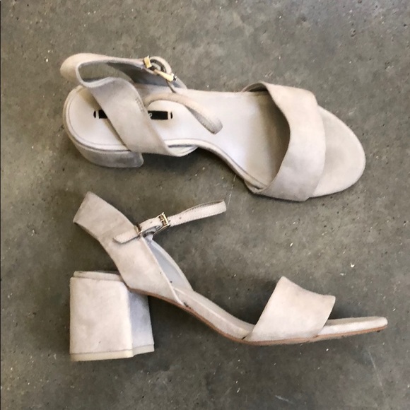 gray suede block heel sandal